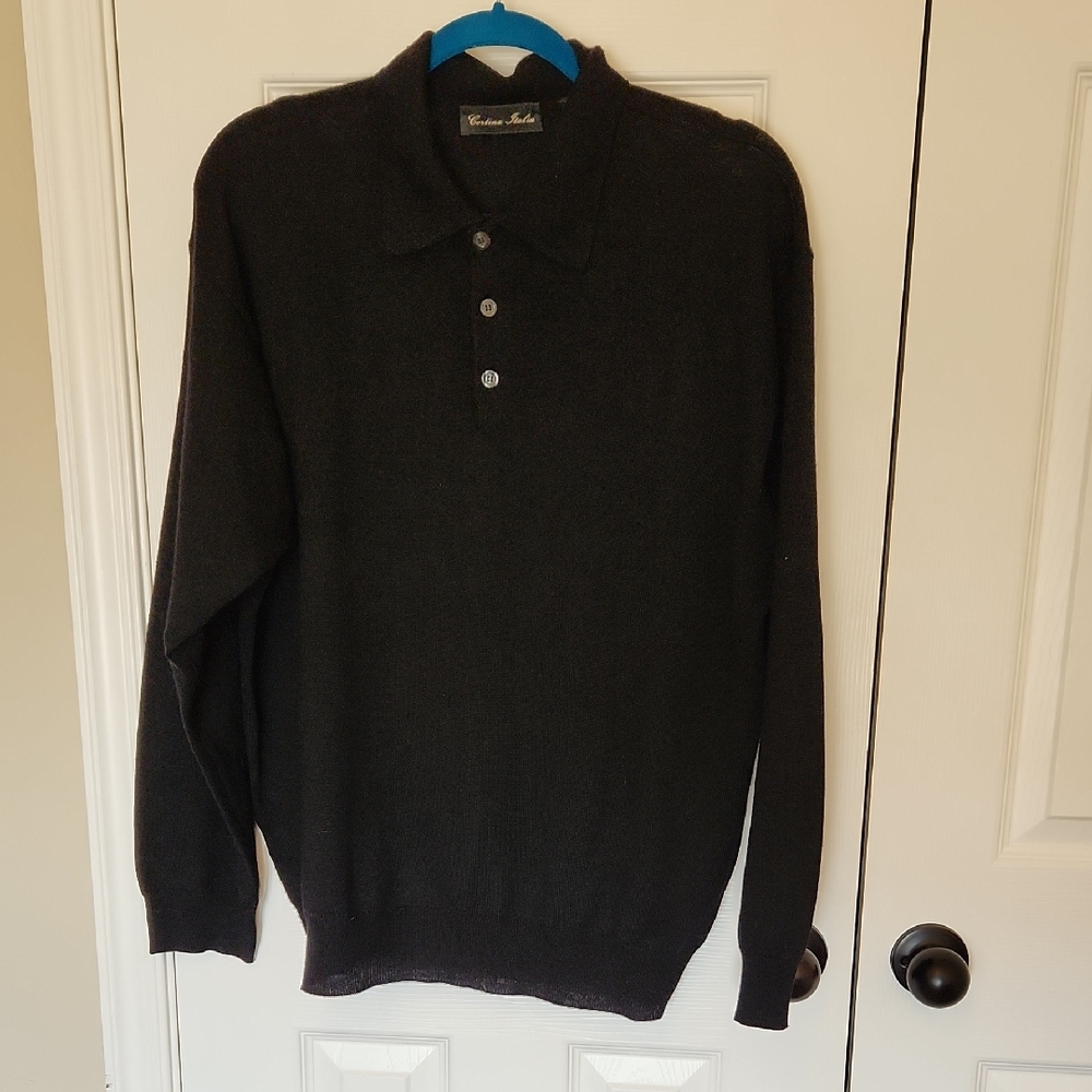 Men's Black Sweater with Button Collar
